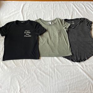 Express shirt black. H&M shirt green. Arizona shirt black and white shirt.